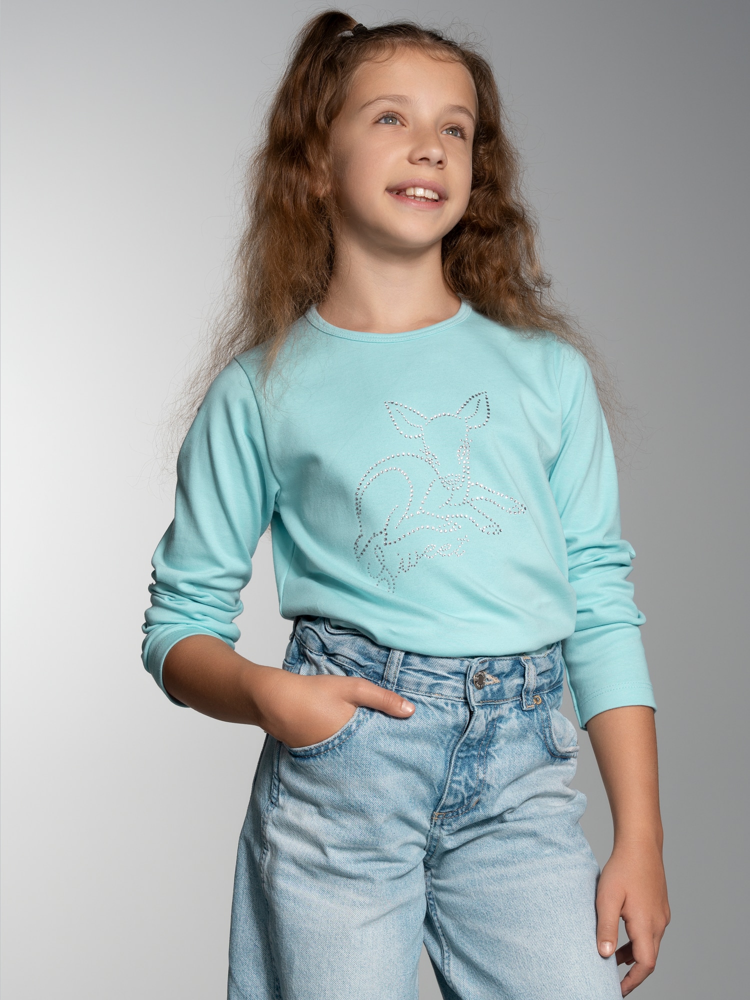 Langarmshirt mit süßem Reh-Glitzer-Print Gletscher
