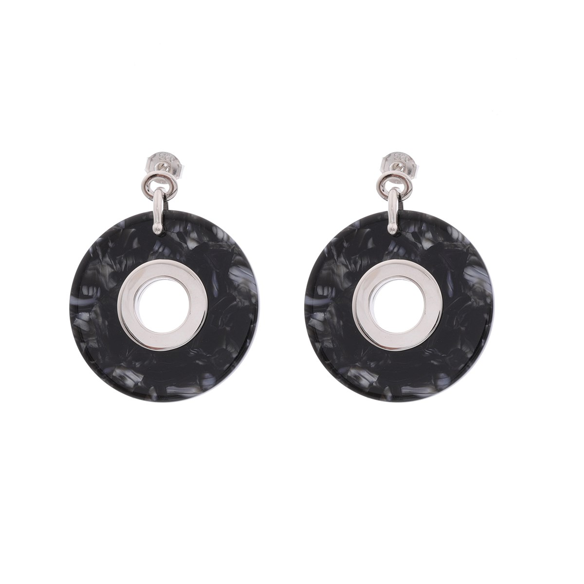 Boucles D'oreilles Disque Argent Rhodié Et Acétate Noire