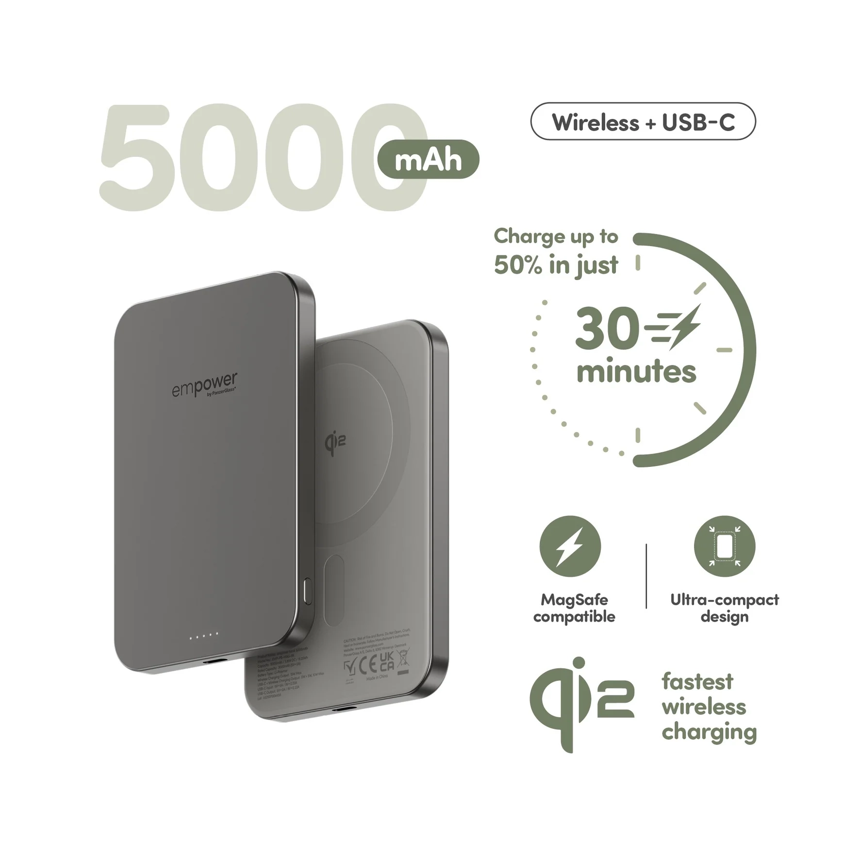 empower (20W) 5000mAh Powerbank USB C Ladegerät MagSafe Qi2 Wireless Charger PD (EM82419) - Titanium