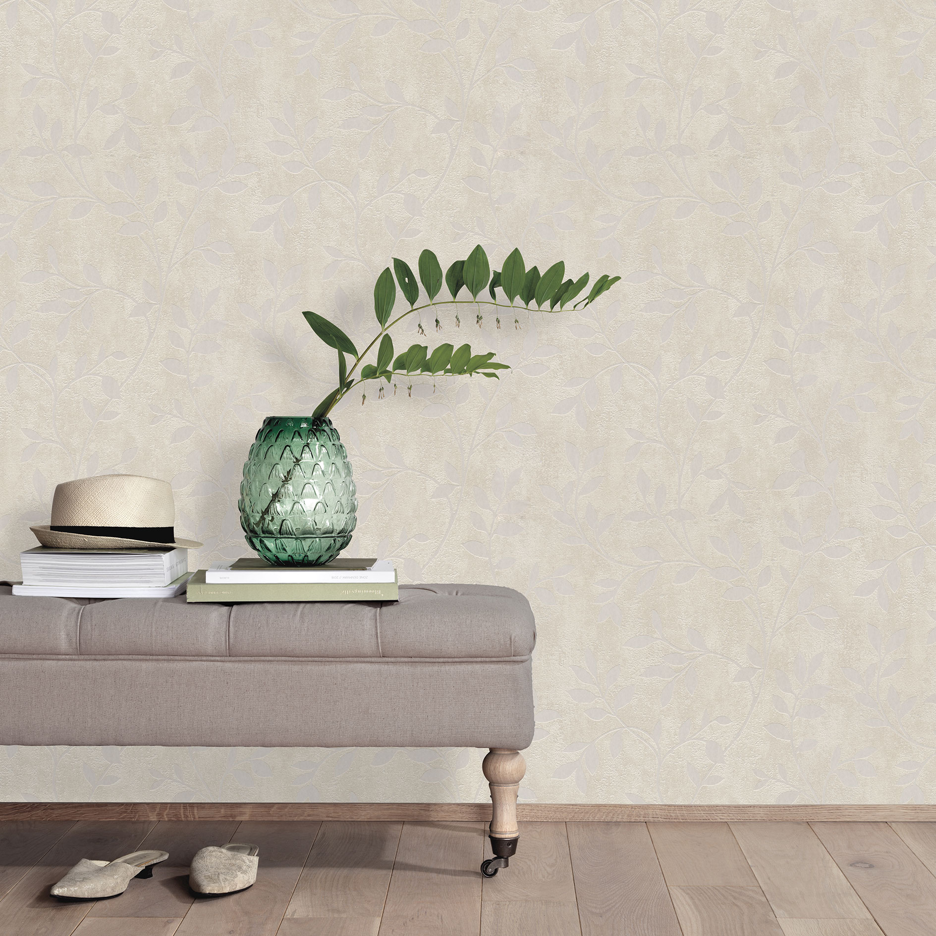 Vliestapete - beige - Blätter Motiv - 10 Meter