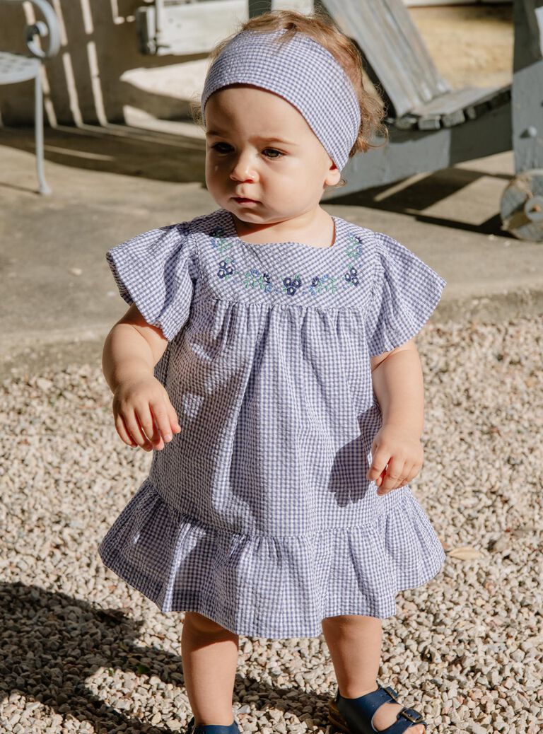 Robe en seersucker vichy bleu nuit et blanc