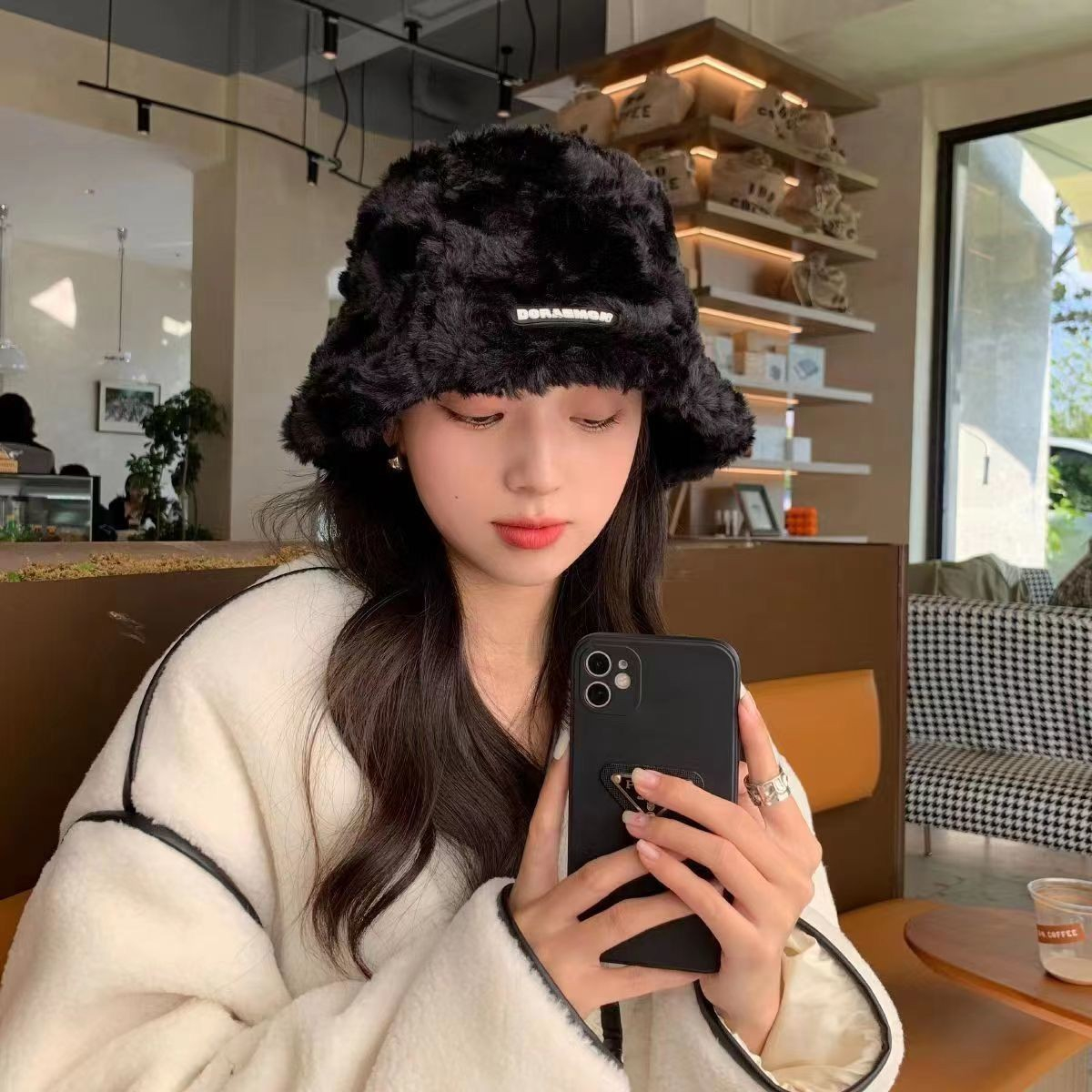 (Ø20cm) Plüsch Fischerhut Fashion Accessoire Winter Bucket Hat - Schwarz