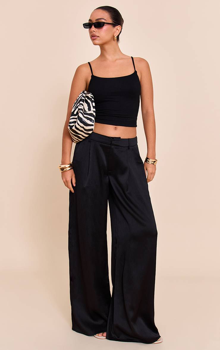 Noir Pantalon Large À Double Pli En Satin Texturé