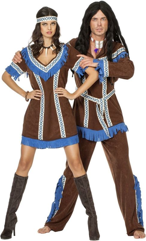 Indianen - Jurk Tenderfoot - Bruin Blauw - Zachte Stof - Inclusief Hoofdband
