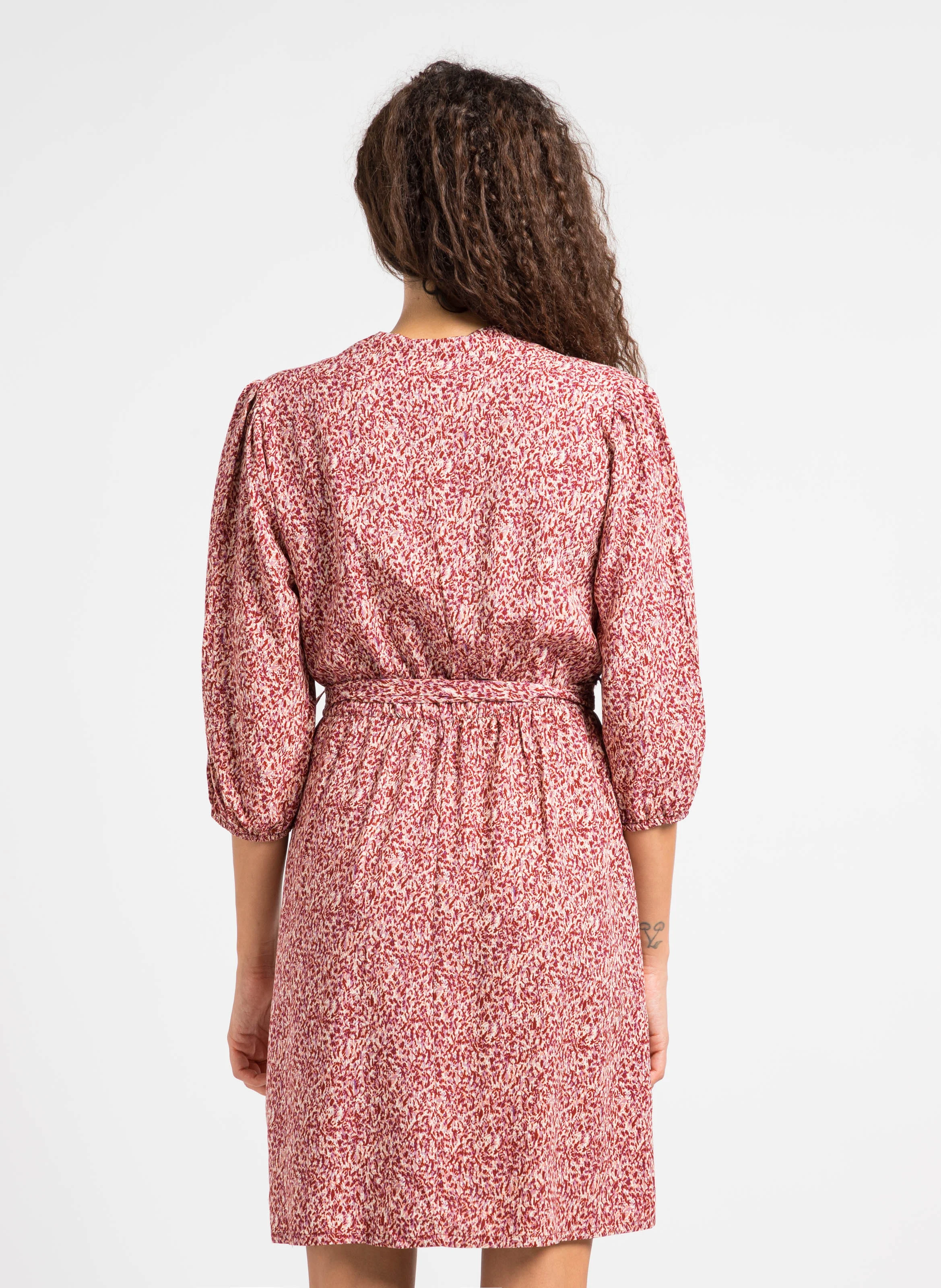 LAURELIA - Robe courte col V imprimée| Beige