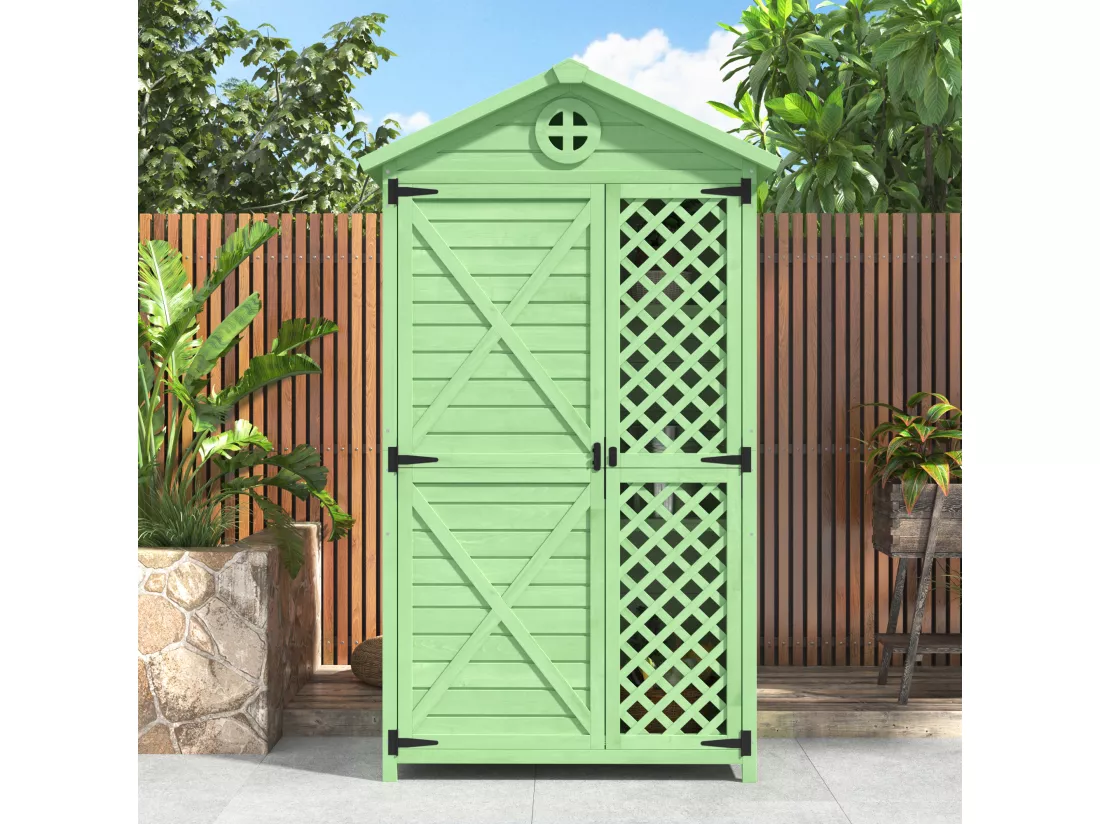 Abri de jardin en bois massif avec toit pente résistant aux intempéries - 2 portes 3 étagères - 90 x 56.5 x 175.3 cm - Vert