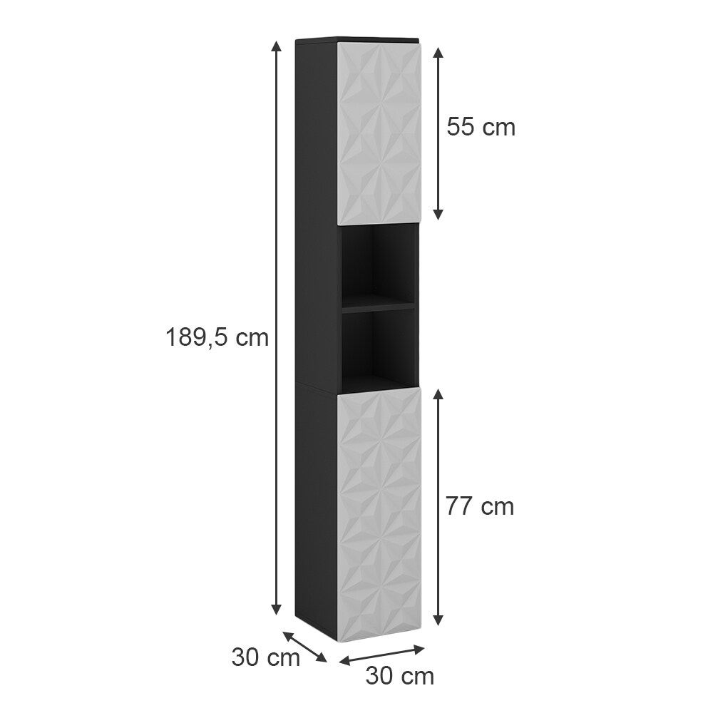 Vicco Hochschrank Badschrank Badezimmermöbel Edge Schwarz Weiß modern 30x190 cm Badkommode Badezimmer Schrank Badmöbel 2 Türen 6 Fächer