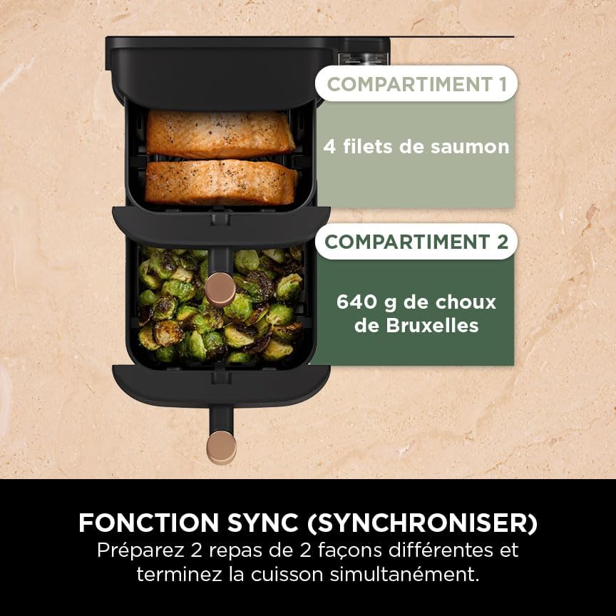 NINJA Double Stack XL Air Fryer, Friteuse sans huile Verticale Double Tiroir 4 Niveaux de Cuisson, 2 Tiroirs, 2 Grilles, Capacité de 9,5 L, 6 Fonctions, 8 Portions, Pinces, Noir/Cuivre SL400EUCP