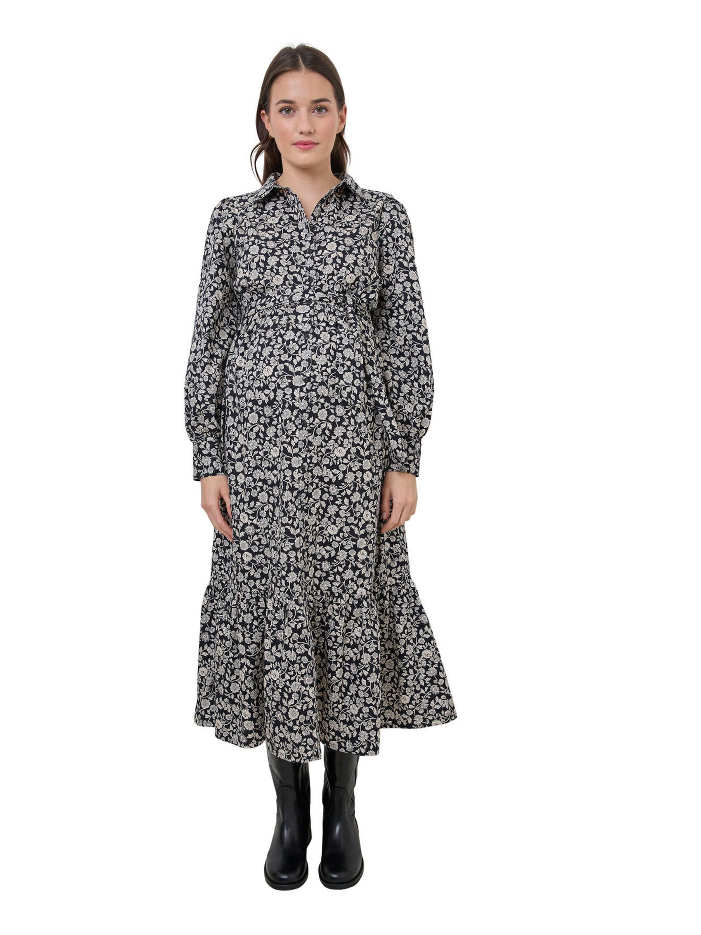 Vertbaudet Geblümtes Kleid für Schwangerschaft und Stillzeit mit Knopfleiste schwarz
