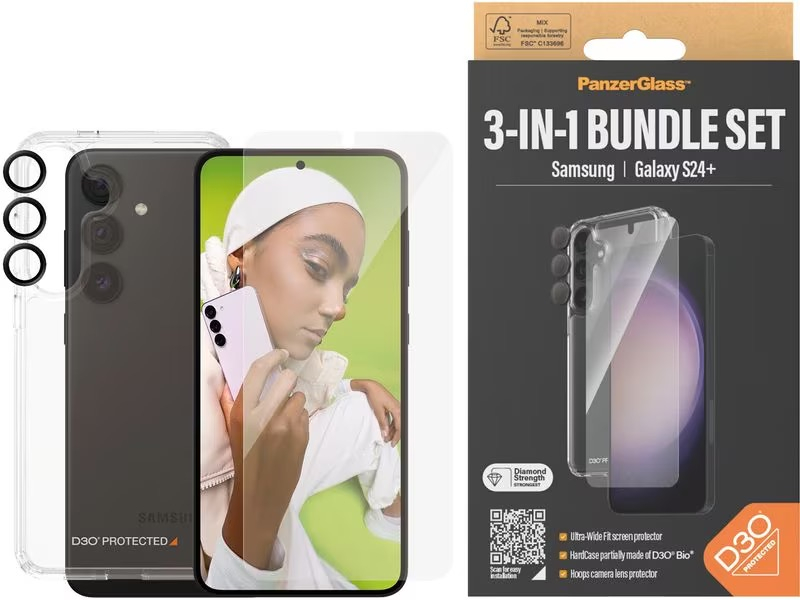 Samsung Galaxy S24  Plus 3in1 D30 Hardcase Schutzhülle mit Ultra Wide Fit Display- / Hoops Kameraschutz (B1211 7351) - Transparent