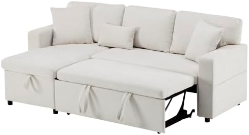 L-Form Schlafcouch Ecksofa Ausziehbar | Bettkasten + Regal + USB-Anschluss, 4 Sitzplätze, Stauraum, platzsparend für kleine Wohnungen & Jugendzimmer, Beige