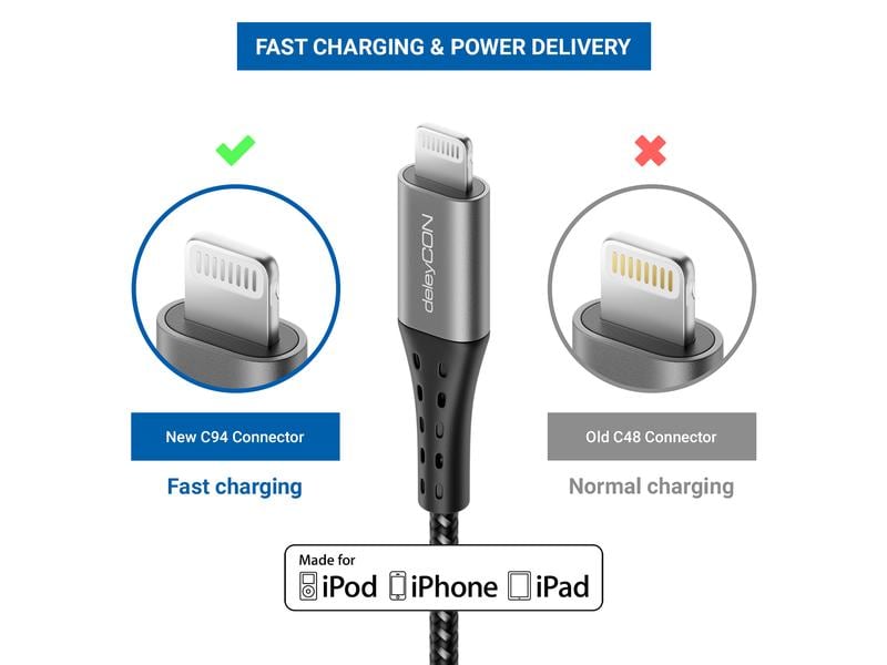 deleyCON USB 2.0-Kabel  USB C - Lightning 0.5 m DeleyCON Lightning-USB-C Kabel 50 cm, Apple MFI zertifiziert und lizenziert