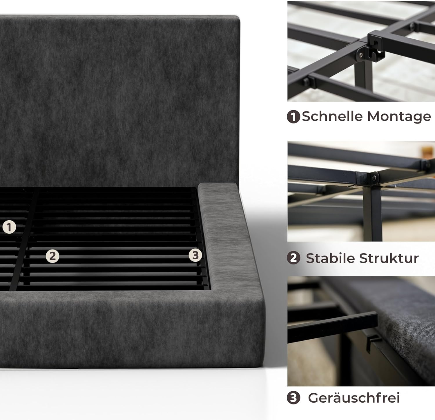 RECCI Cloud Polsterbett 140x200cm mit gepolstertem Kopfteil, 5 cm weiche Schaumstoffpolsterung, doppelbett ohne Boxspring, leises Bettgestell im Schlafzimmer, familienbett (Schwarz) (140x200cm) | weiche Polsterung, familienfreundlich JL4757869