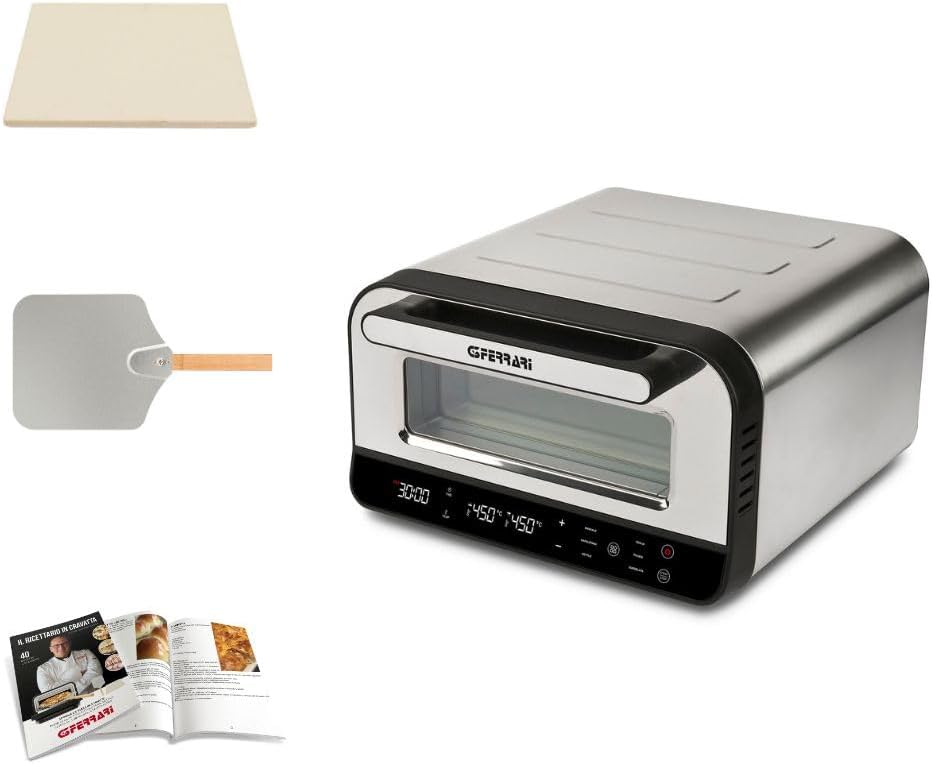 G3 Ferrari G10204 Pizza Pro 2 Minuten, 1700 W, Erreicht bis zu 450 °C, kalte Wände, Kochen in 2 Minuten, digitales Display mit 6 Programmen, Schamottstein, Zubehör und Rezeptbuch im Lieferumfang