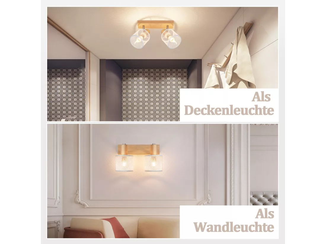 NETTLIFE Plafonnier 2 Spots blanc aspect bois - plafonnier E14 orientable 350° 4 ampoules max 25w moderne pour salon chambre cuisine.