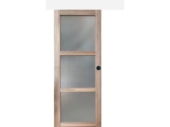 Porte Coulissante Bois Frake Vitrée H204 X L73 + Rail Alu Bandeau Blanc Et 2 Coquilles Noir Gd Menuiseries
