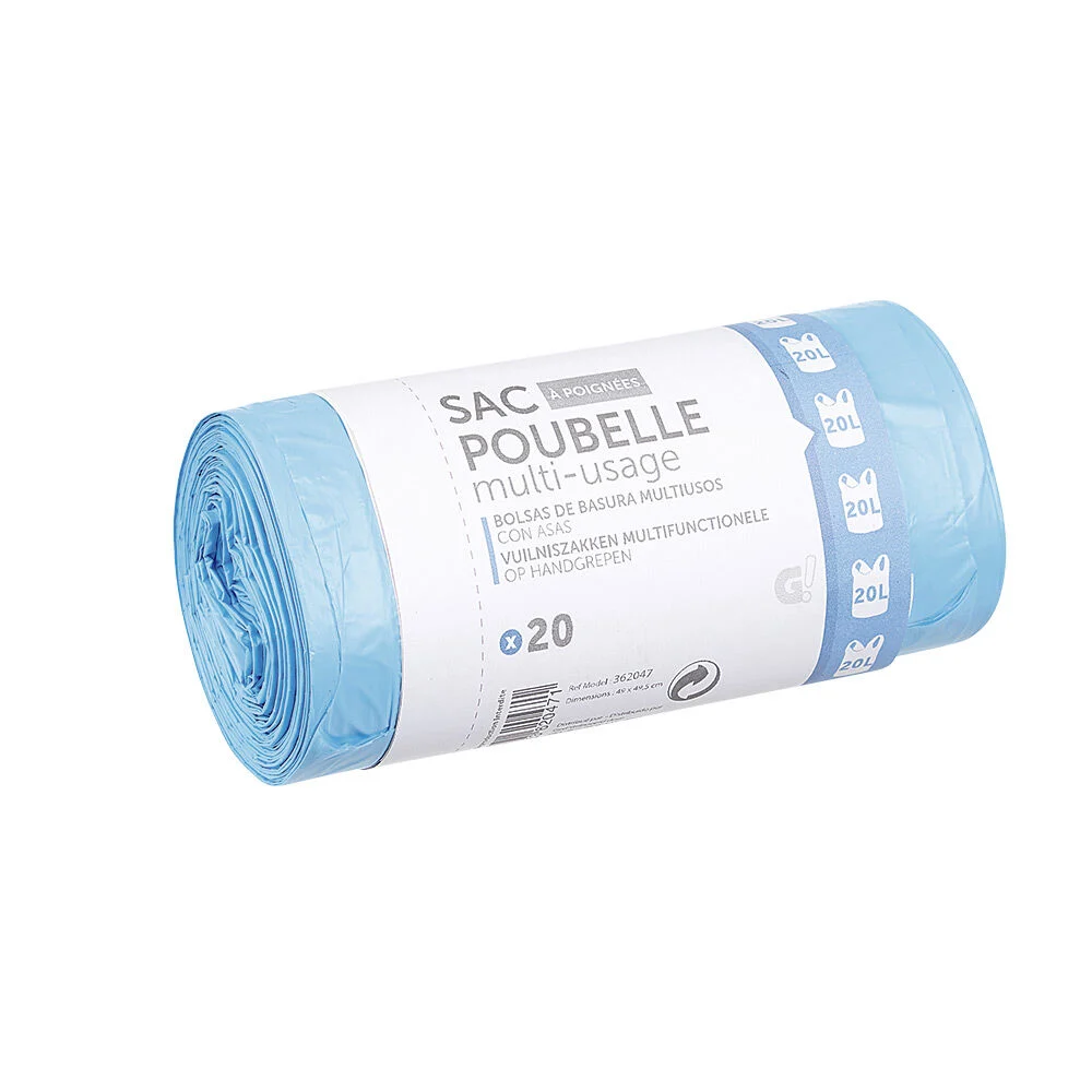 Sac poubelle 20 litres à poignées multi usage bleu x20