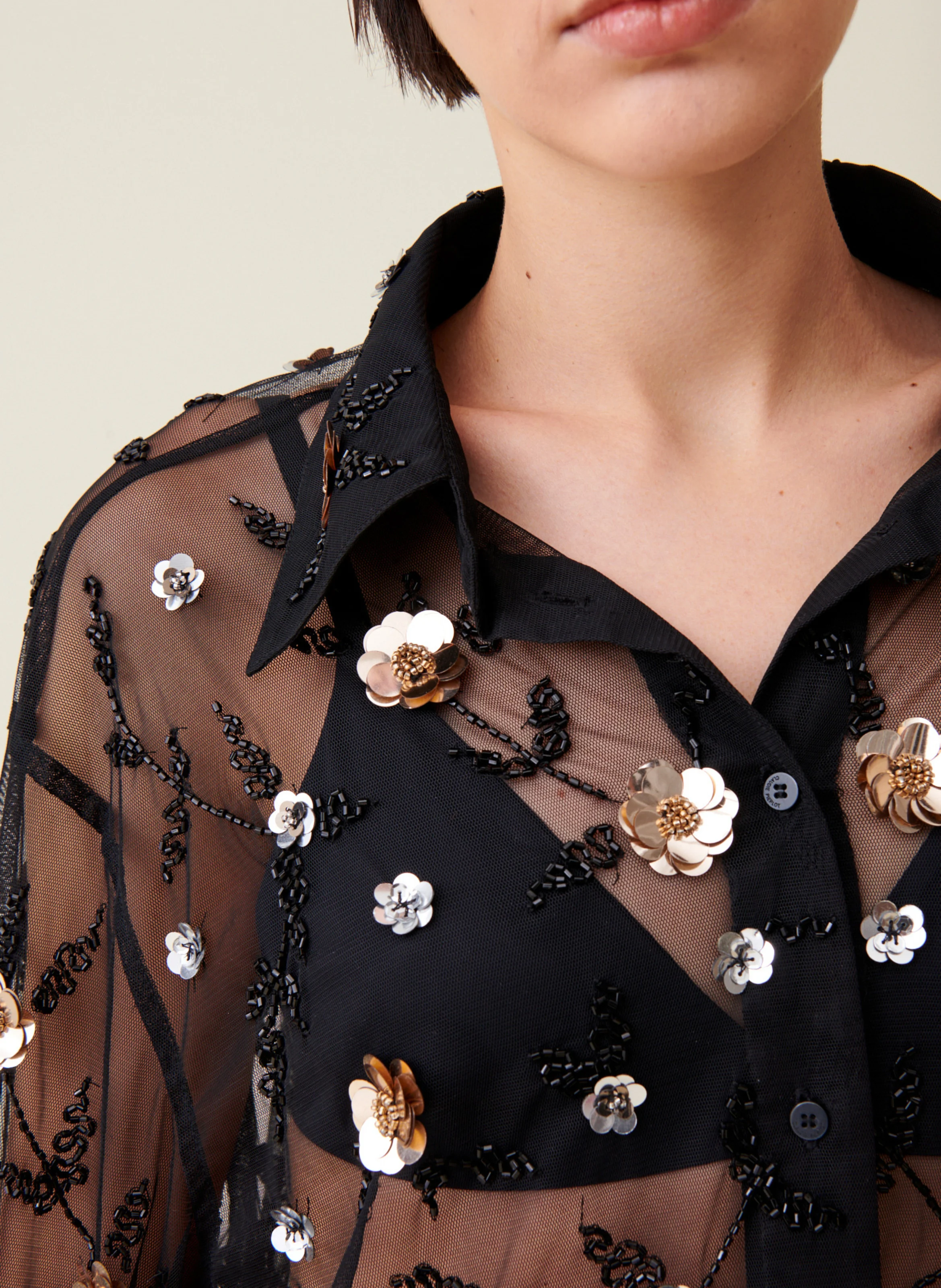 Chemise droite transparente brodée | Noir