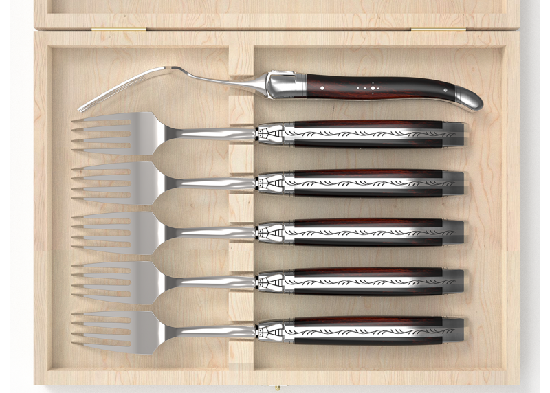 Service de 6 fourchettes Laguiole avec un manche en bois de fer et mitres en acier inoxydable