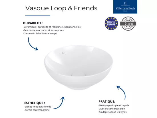 Vasque 38 x 38 ronde à poser VILLEROY ET BOCH Loop & Friends non meulé blanche avec trop plein