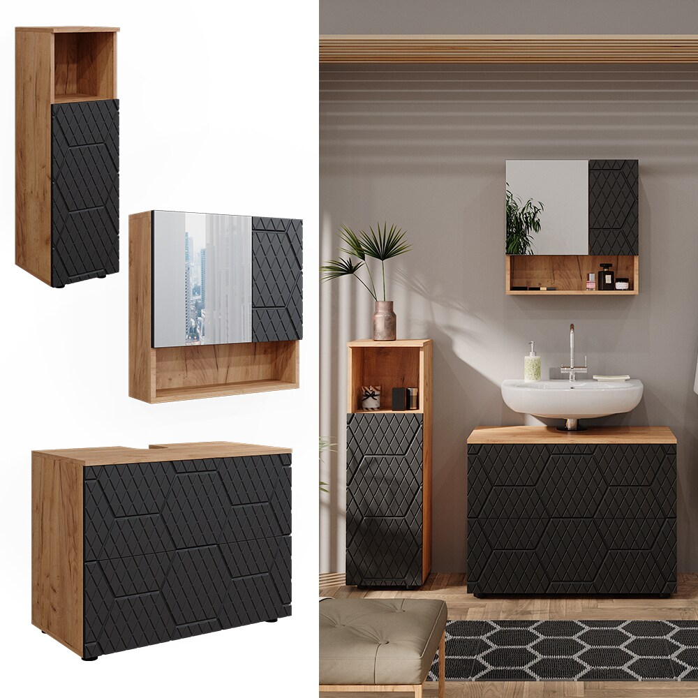Vicco Badmöbel-Set Irma Eiche Anthrazit 4-teilig Midischrank 95 cm Waschbeckenschrank 80 cm
