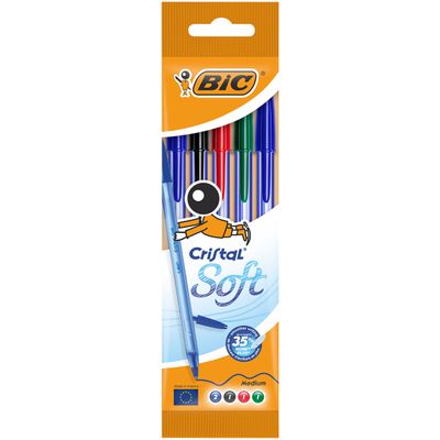 Bic Cristal Soft - 5 Stylos-bille - Pointe Moyenne (1.2 mm) - couleurs assorties