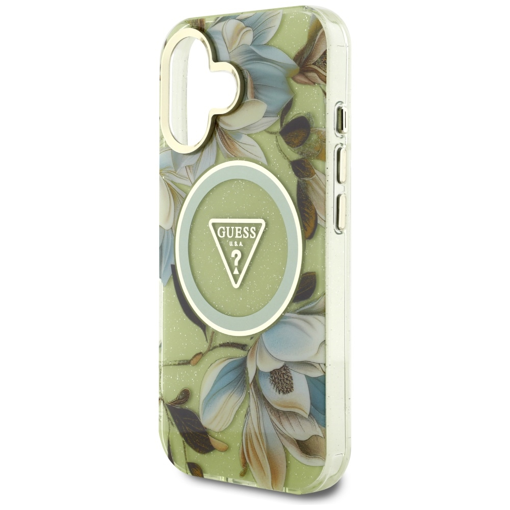 iPhone 16 MagSafe Hardcase Hülle Glitter Flowers Triangle Buttons (GUHMP16SHFLPEDN) - Grün