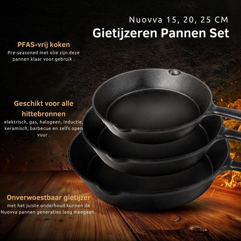 Nuovva - Gietijzeren pan - 3 Delig - Koekenpan / Cast Iron skillet (15cm-20cm-25cm) - geschikt voor alle warmtebronnen