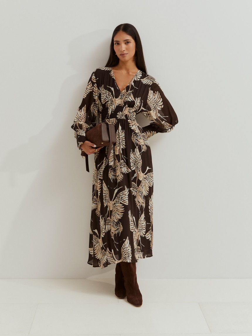 Vestido Comprido Estampado com Decote em V