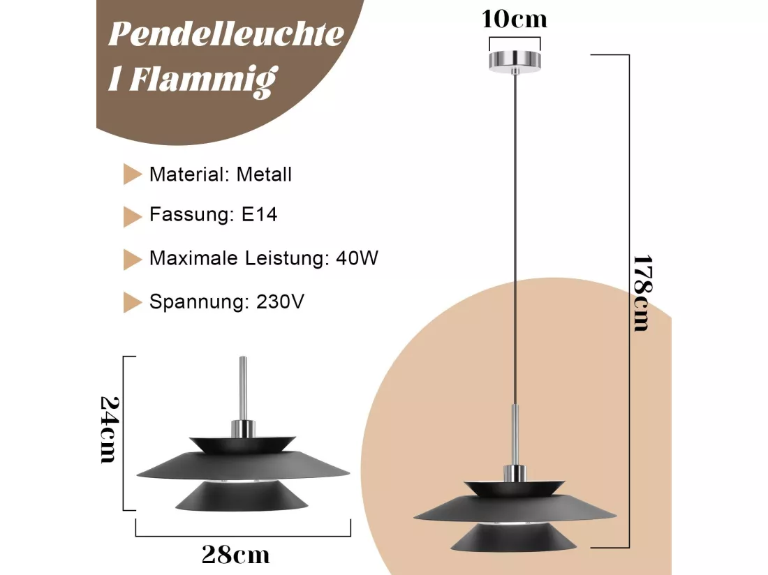 NETTLIFE Suspension Fer Noir Diam.28cm E14 - Lampe de Table à Manger Salon Moderne Chambre 1 Ampoule pour Cuisine Couloir d'Hôtel