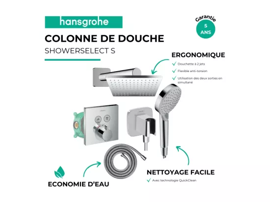 Colonne de douche thermostatique HANSGROHE ShowerSelect E Douche de tête Vernis Shape Flexible Metaflex Douchette Vernis B chromé