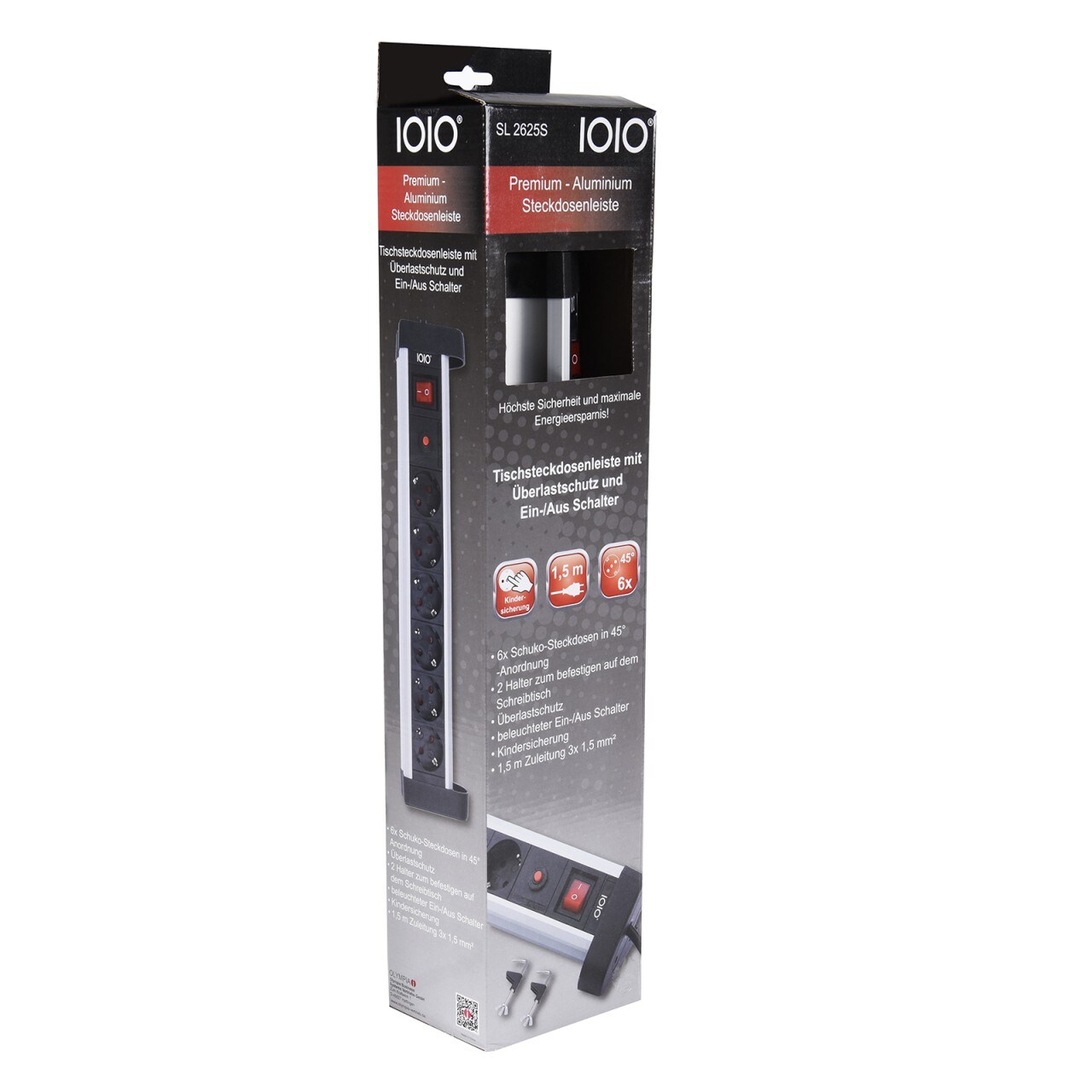 IOIO SL 2625S Aluminium 6-fach Tisch-Steckdosenleiste mit Überlastschutz, Ein/Aus-Schalter und Schreibtischhalterung
