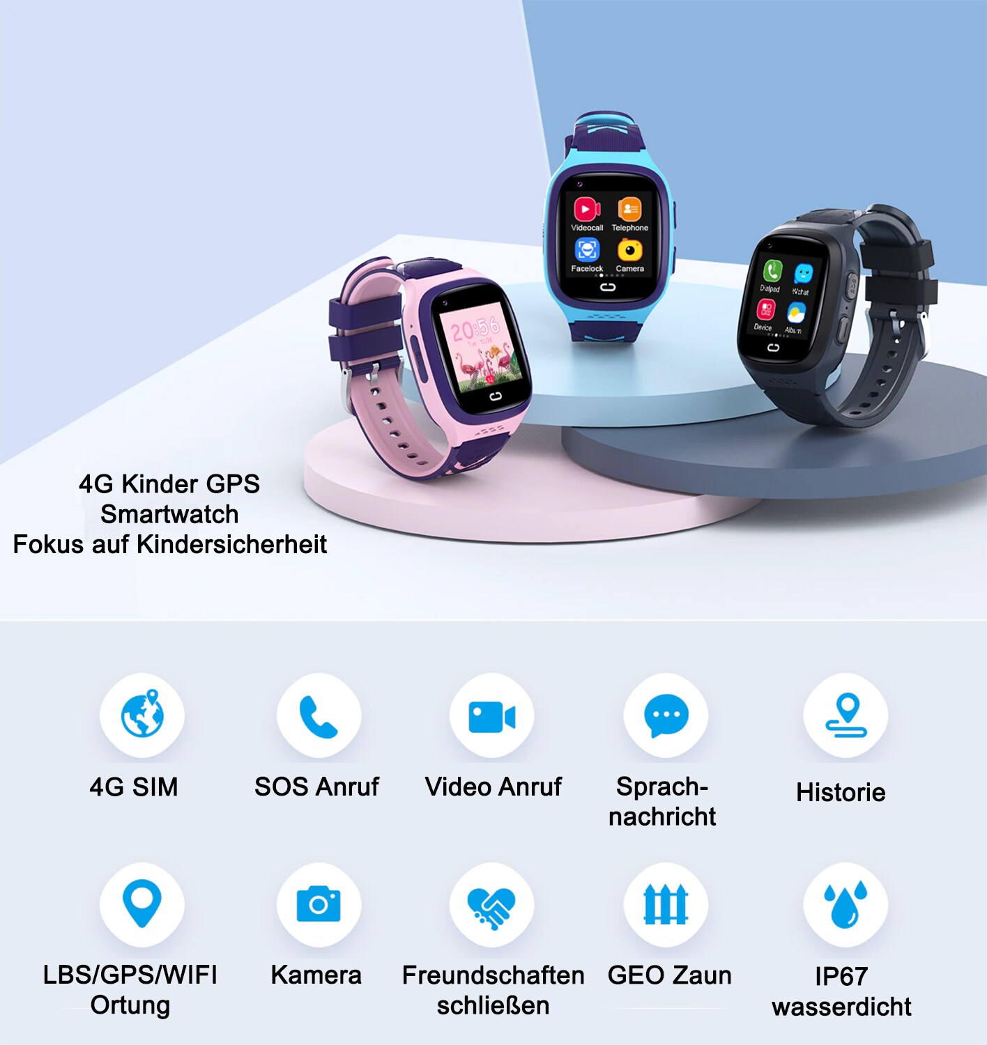 TPFNet Smart Watch für Kinder - IP67 - Silikon Armband - Android & IOS - Rosa
