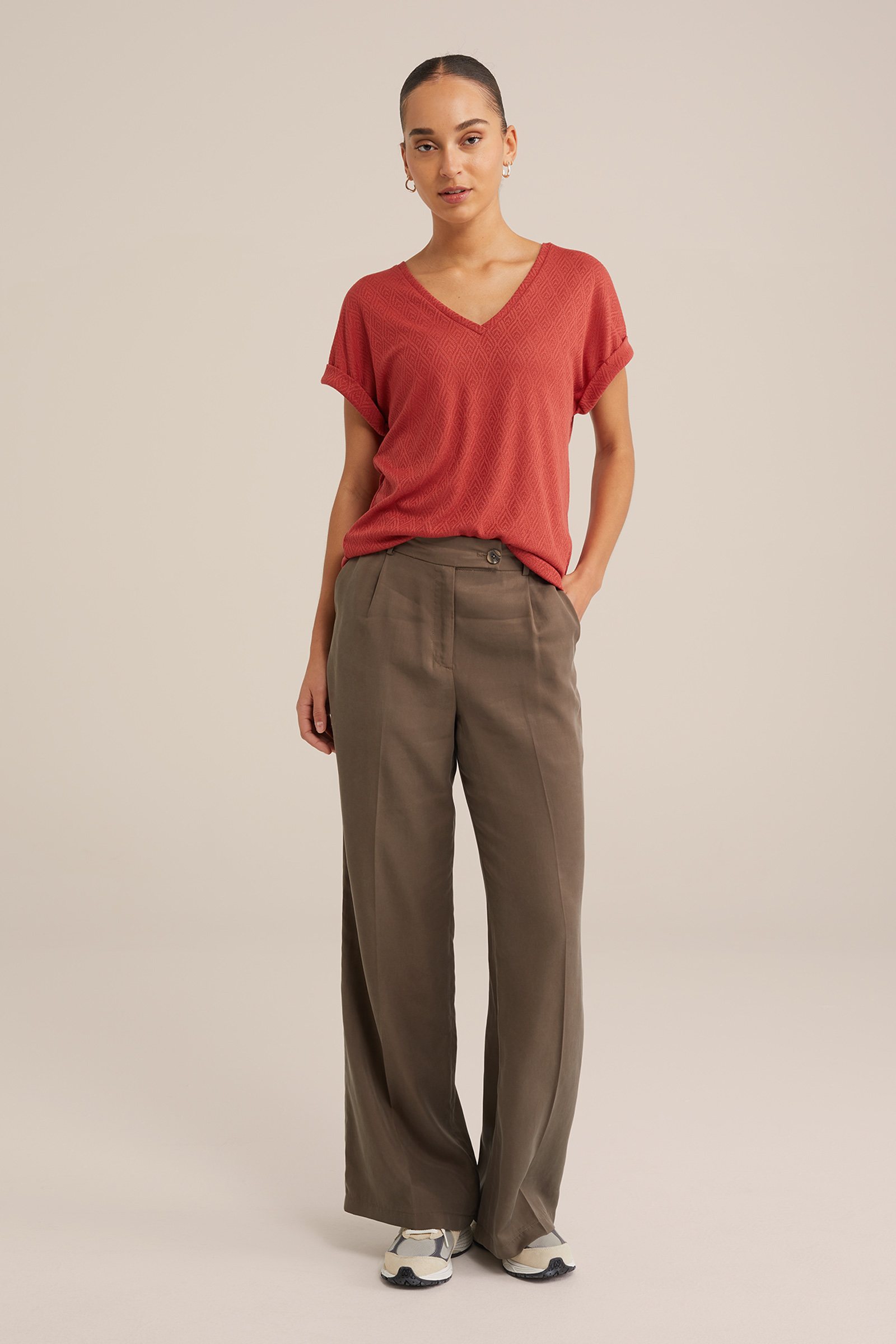 T-shirt met structuur WE Fashion Saffraan rood