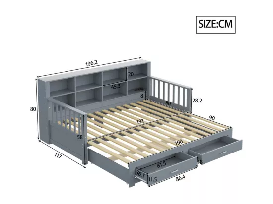 Canapé-lit gigogne en bois massif 90/180x190 cm - avec prise de charge - avec rangement - avec 2 tiroirs - sommier à lattes - gris（matelas non inclus)