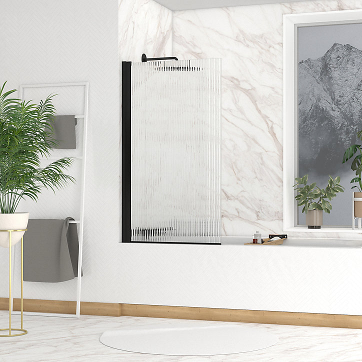 Pare-baignoire rabattable 140 x 80 cm, profilés alu noir mat, Galedo Wave