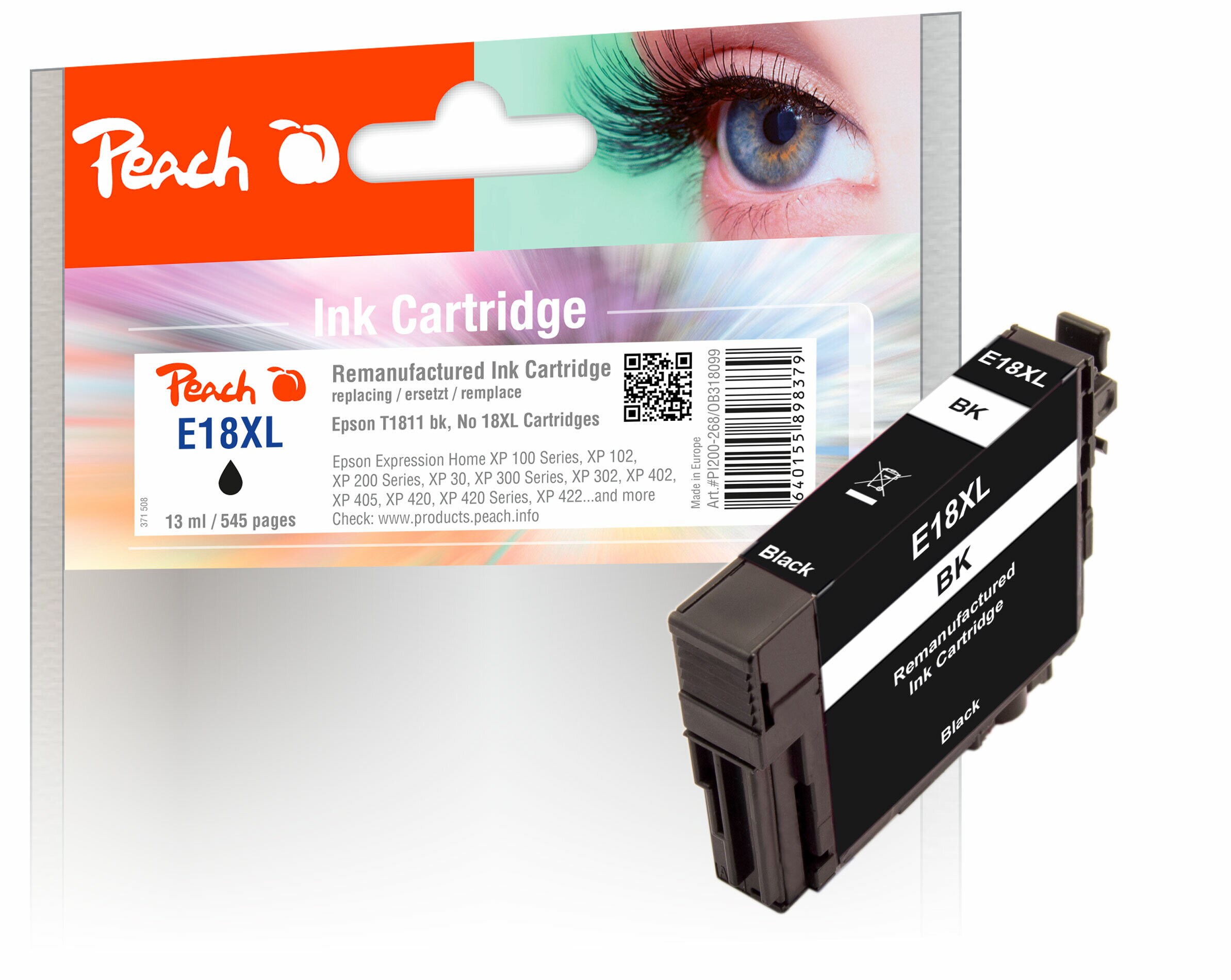 Peach E18 XLbk Druckerpatrone XL bk ersetzt Epson No. 18XL bk, C13T18114010 für z.B. Epson Expression Home XP -100, Epson Expression Home XP -102 (wiederaufbereitet)