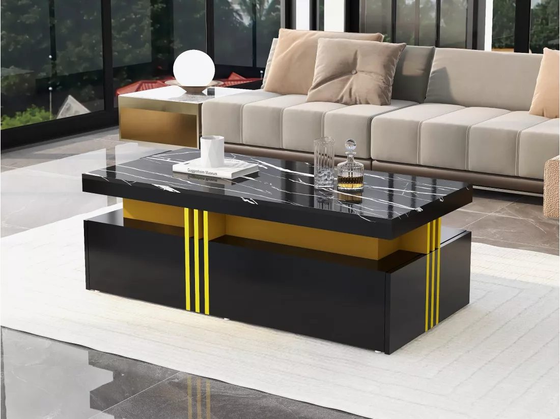 Table basse avec 2 tiroirs - planche à motifs marbre - style scandinave - Noir