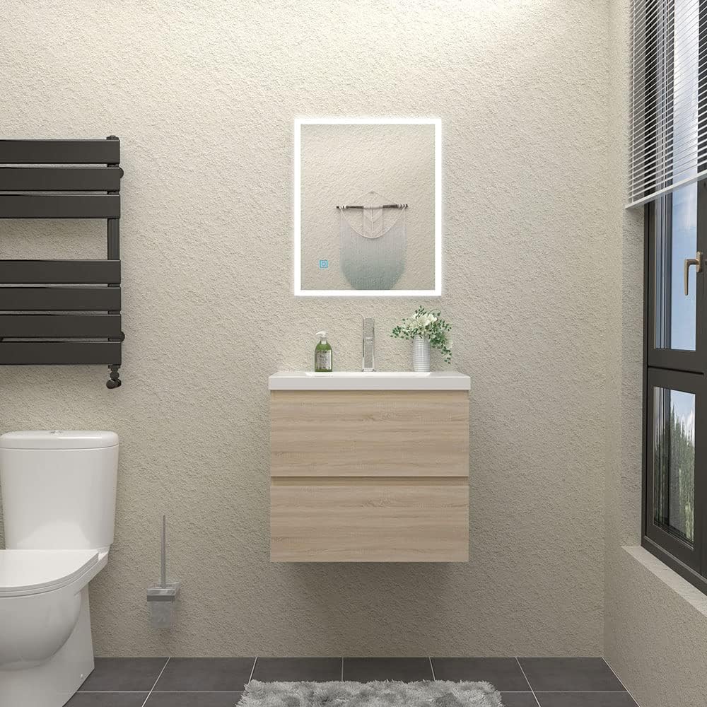 Waschbecken mit unterschrank Badezimmer 60 cm Breit Badmöbel Set mit Waschbecken und 2 Soft-Close Schubladen Waschtisch Unterschrank Eiche für Badezimmer Hängend