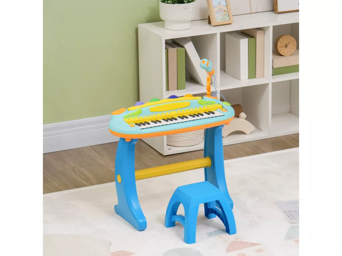 Clavier musical pour enfant - piano enfant avec tabouret et micro - 37 touches, 22 chansons, 8 instruments et rythmes - jaune bleu