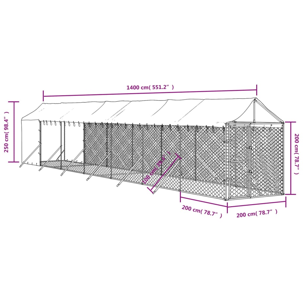 Chenil d'extérieur pour chiens avec toit argenté 2x14x2,5 m