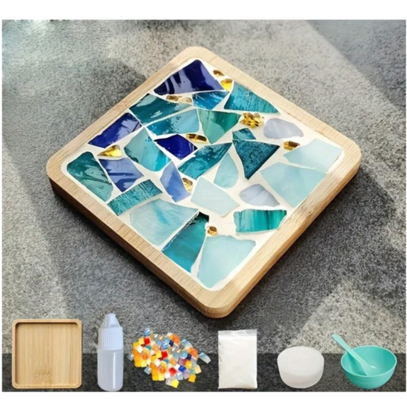 (7-tlg. Set) 9x9cm Bambus Mosaik Untersetzer DIY Getränke Bastel Glasuntersetzer Home Deko - Blau / Gold