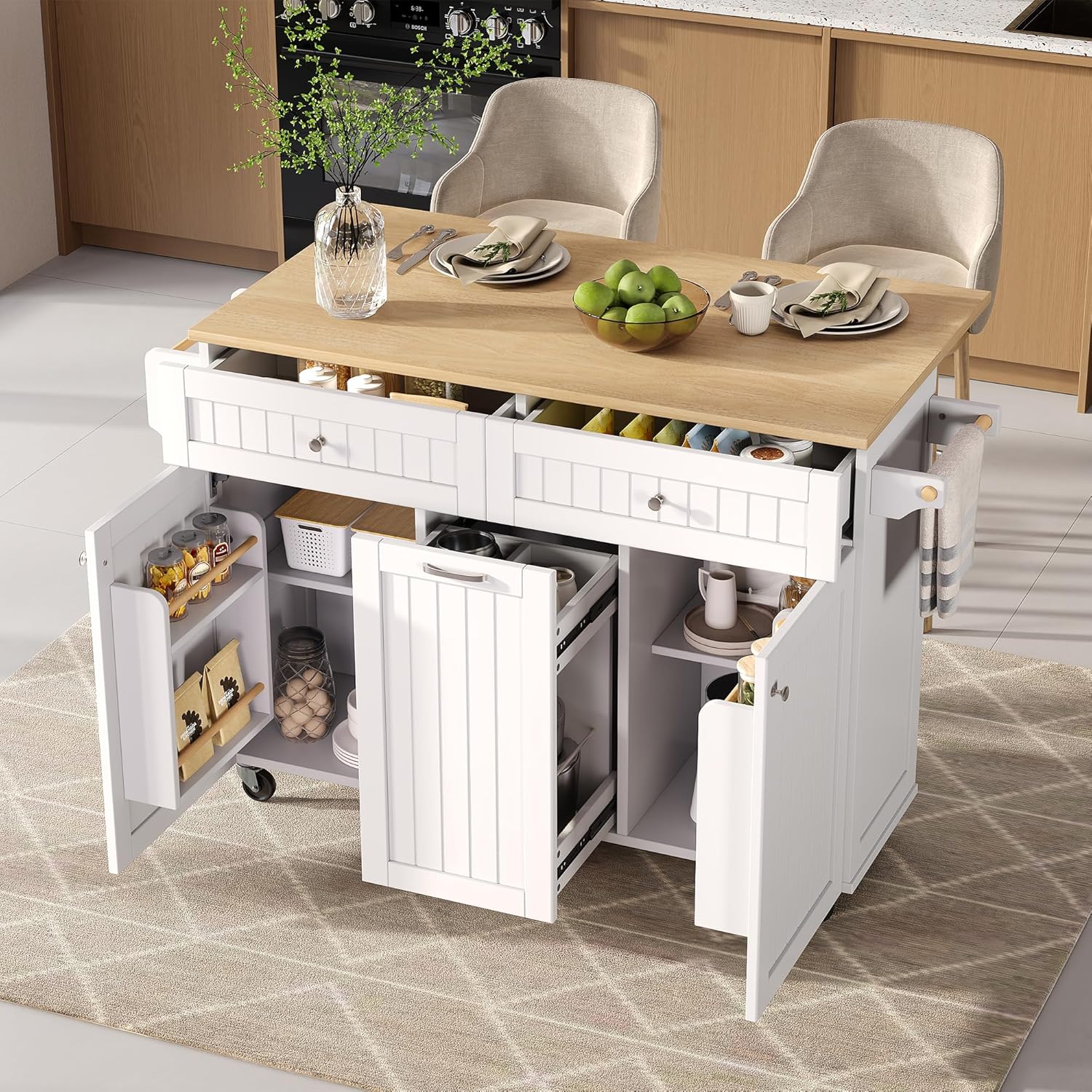Mobile Kücheninsel Küchenschrank mit Klappbare Arbeitsplatte und Schubladen, Buffetschrank Küchenwagen mit Rollen und Regal, Küchenbuffet, Küchenmöbel, Schrank Weiß, 139.5x40-70x92 cm