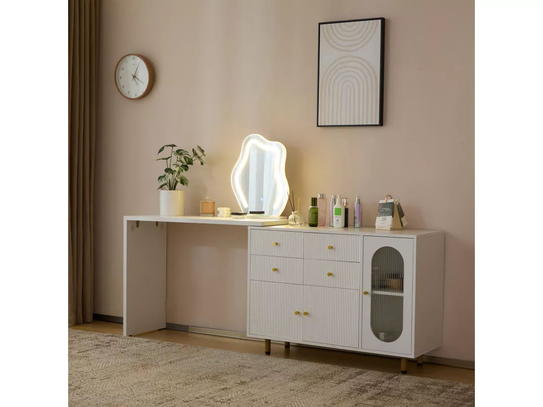Coiffeuse pivotante escamotable avec miroir à LED - 4 tiroirs et 3 compartiments - Blanc (tabouret non inclus)