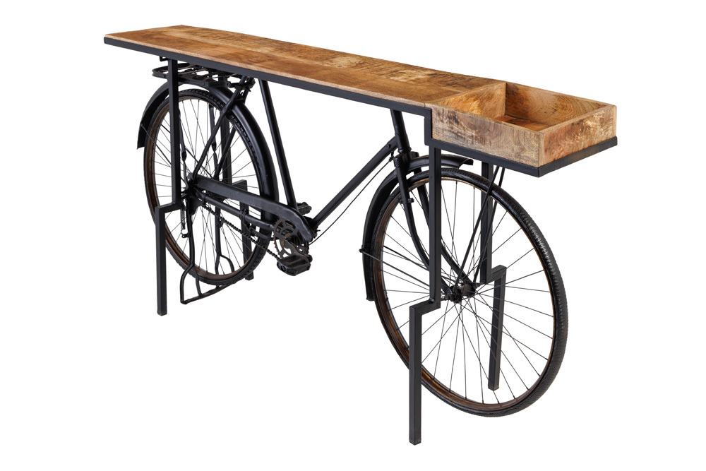 Retro Konsolentisch BICYCLE 195cm Mangoholz Fahrrad Bartisch Upcycling