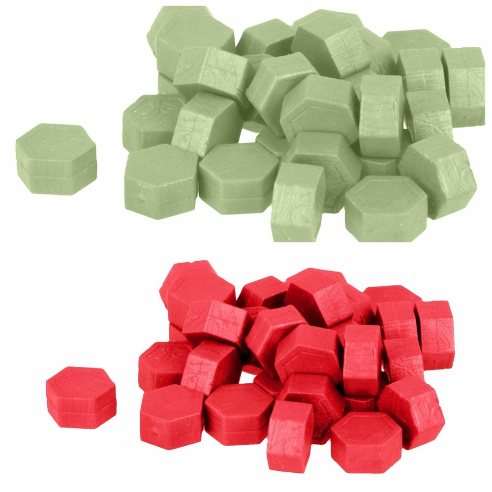 Perles de cire hexagonales - vert clair + rouge