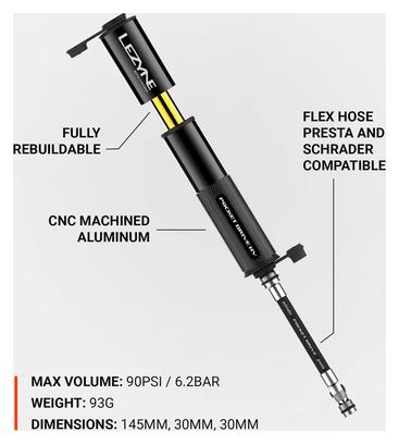 Pompe à Main Lezyne Pocket Drive HV (Max 90 psi / 6.2 bar) Noir