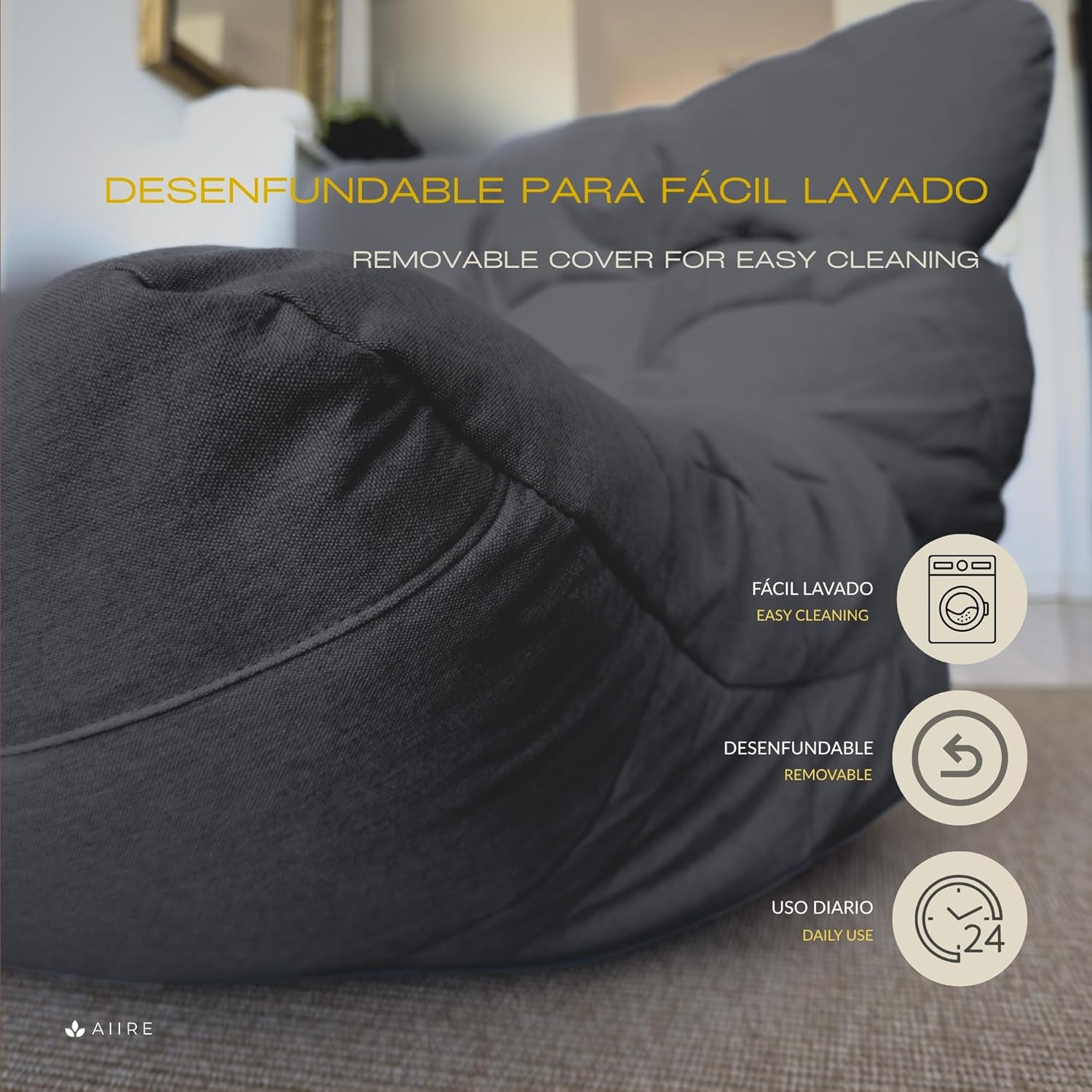 Aiire Relaxo Sitzsack XXL für Kuschelecke - Bean Bag Design mit Füllung - Riesen Sitzsäcke Erwachsene, Sitz Sack Flauschig - Bodenkissen Grob, Bodenstuhl, Bodensessel Grau