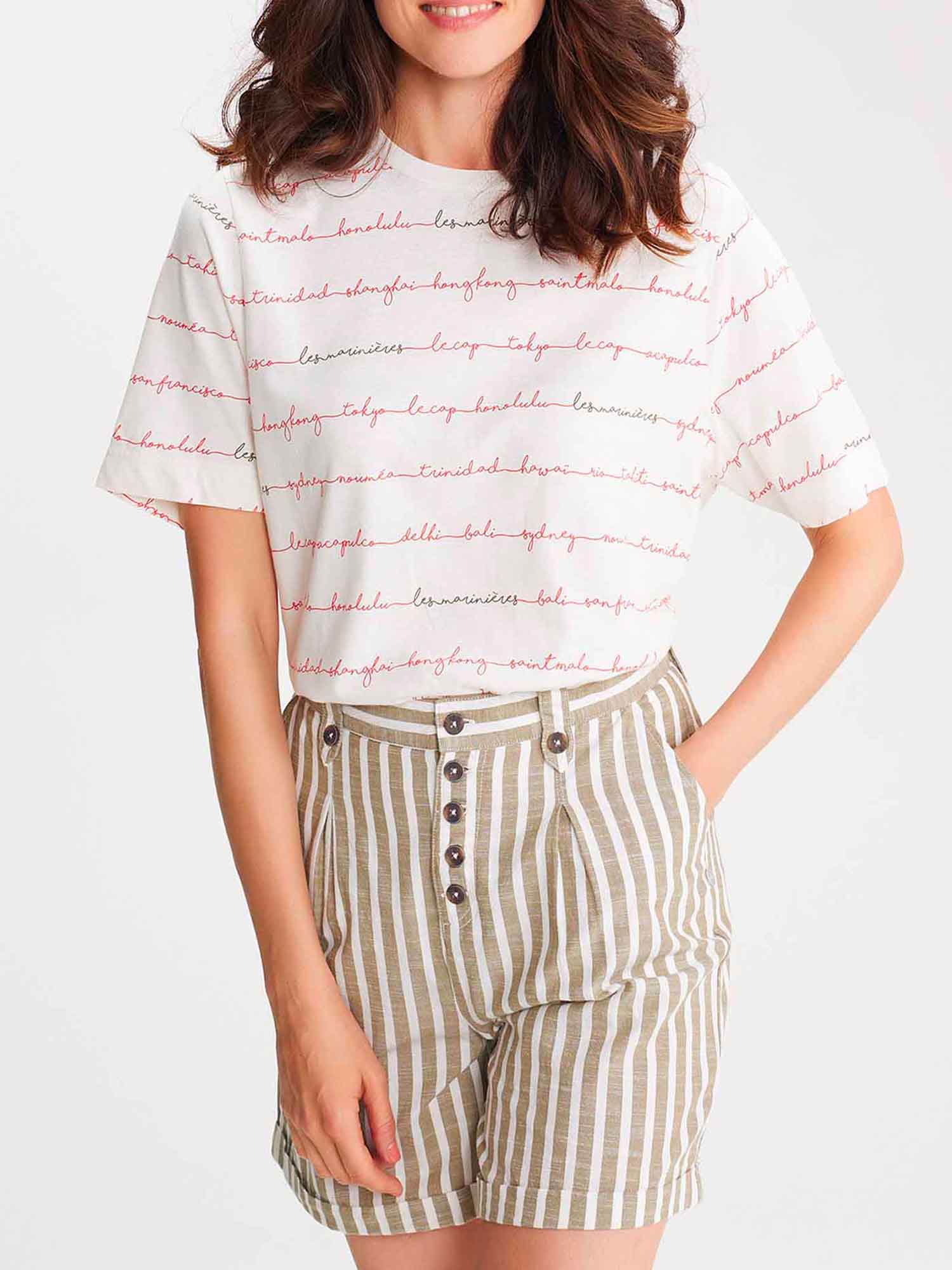 Tee-Shirt Femme en Lin Blanc et Rouge