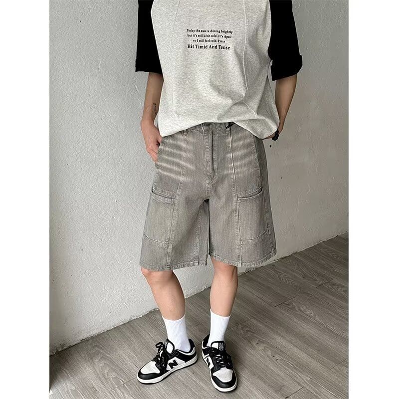 Double White - Mid Rise Washed Panel Denim Shorts